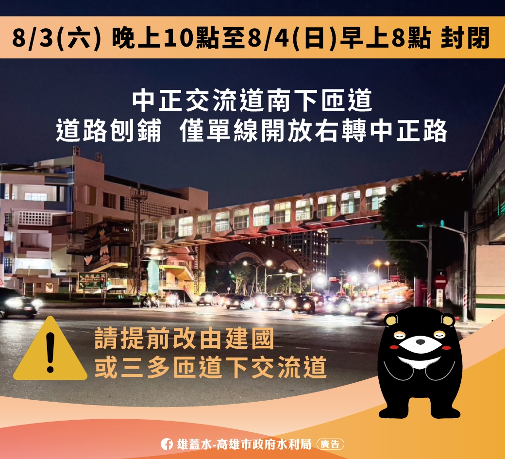 中正交流道路面刨鋪 自8/3晚間22時起至8/4早晨8時西側南下車道封閉10小時施工