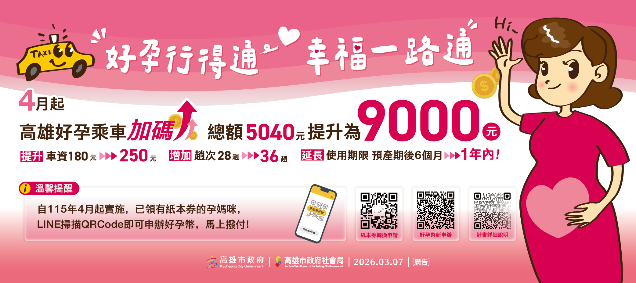 高雄市「好孕行得通」孕婦產檢交通乘車補助全面加碼