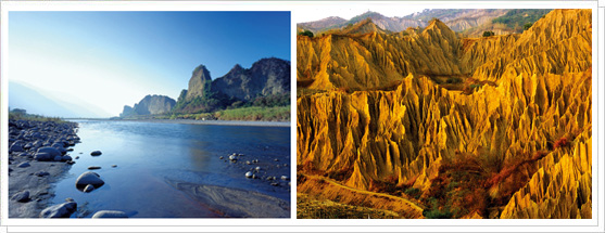 Left : The Eighteen Arhat Mountains / Right : “Moon World” badland terrain